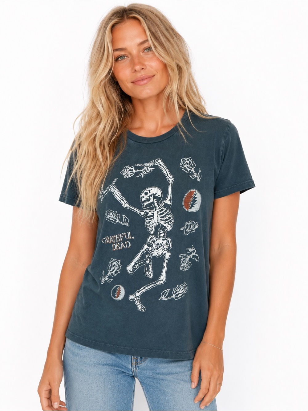 Grateful Dead Dancing Skeleton Roses Graphic Tee Lucky Brand Blue Band T Shirt